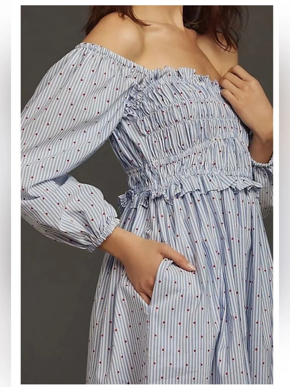 Maeve Anthropologie Smocked Striped Midi Dress Embroidered Polka Dot Size Medium - Picture 2 of 12